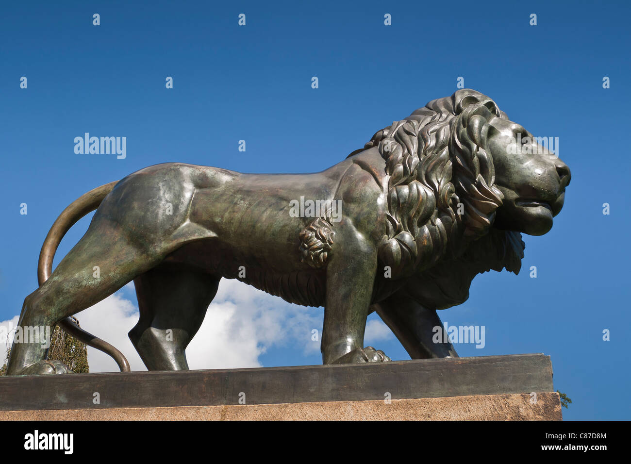 Bronze lion in front of Palace 'Fürst Pückler' in Bad Muskau, Germany. Stock Photo