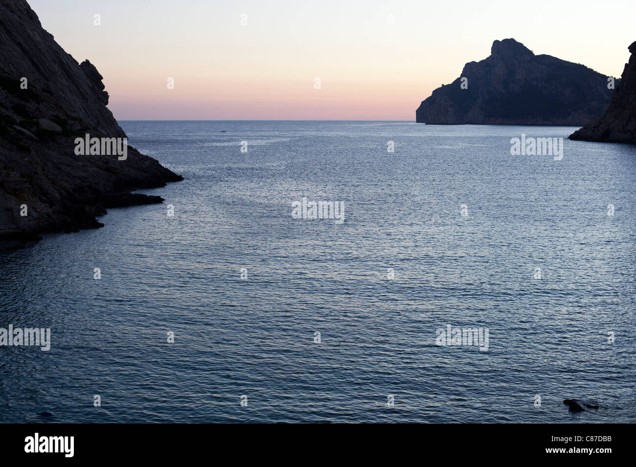 view over bay at dawn sunrise north coast Majorca Stock Photo