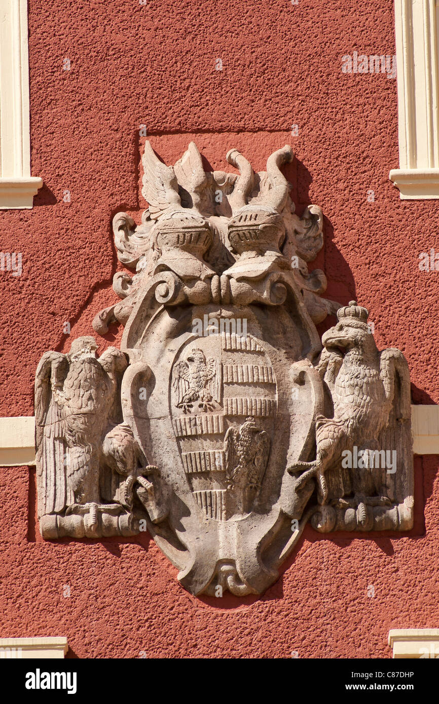 Decorative crest on the wall of New Palace in Fuerst-Pueckler-Park, Bad Muskau, Germany. Stock Photo