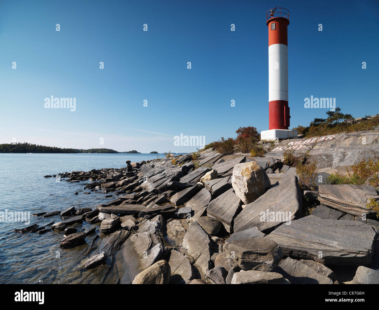 Lighthouse on a rocky shore of Georgian Bay at Killbear Provincial Park, Ontario, Canada. Stock Photo