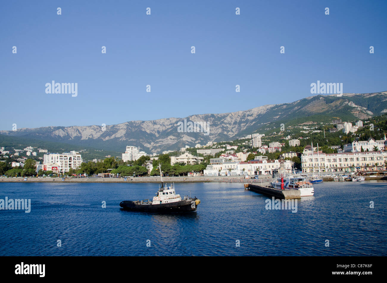 Ukraine, Yalta. Black Sea view of the port of Yalta with the Crimean