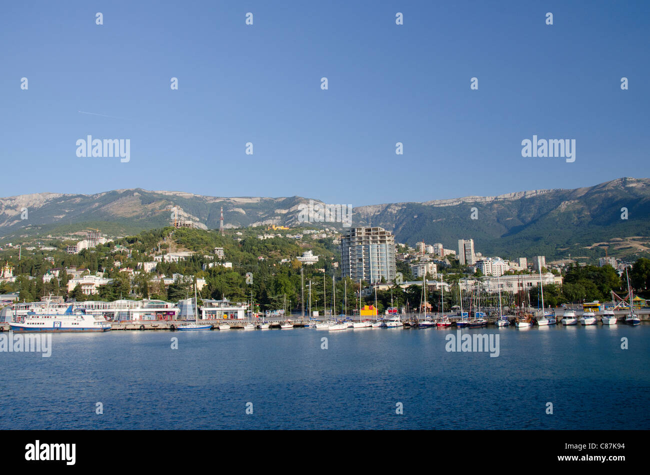 Ukraine, Yalta. Black Sea harbor view of the port of Yalta with the