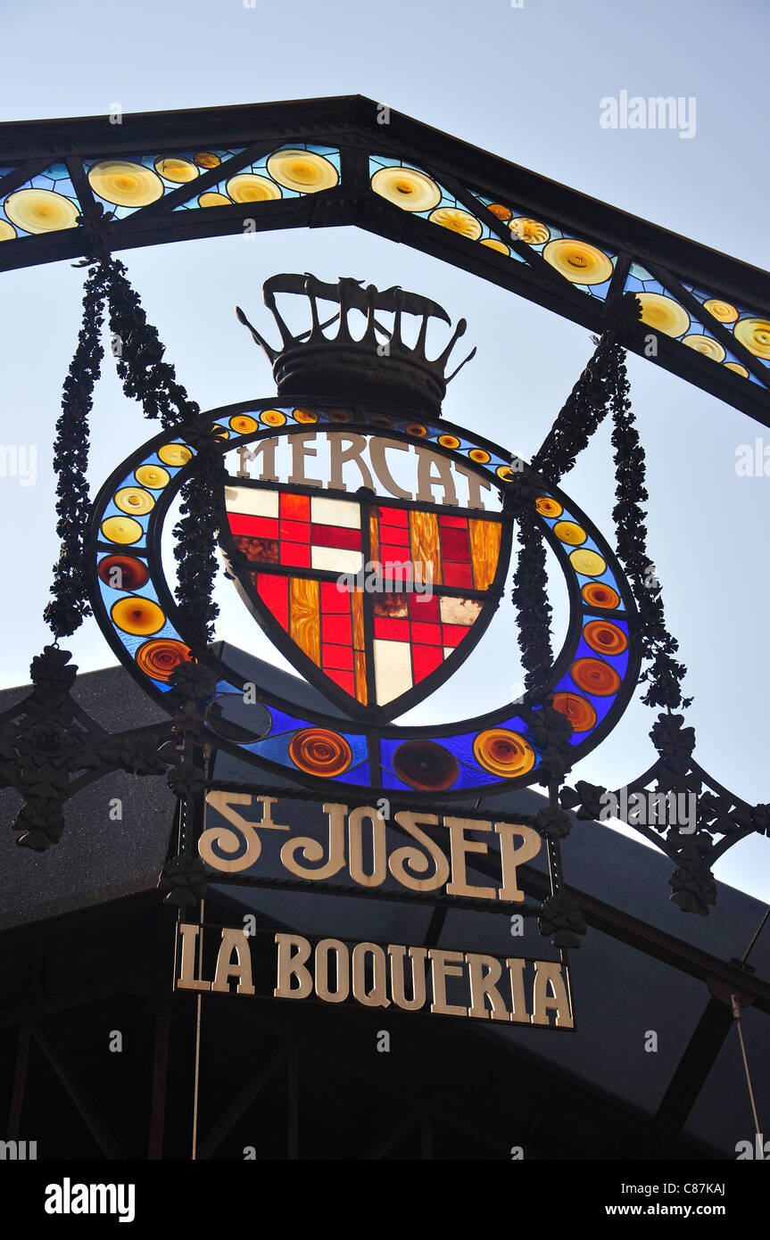 Entrance sign to Mercat de la Boqueria, La Rambla, Ciutat Vella District, Barcelona, Province of Barcelona, Catalonia, Spain Stock Photo
