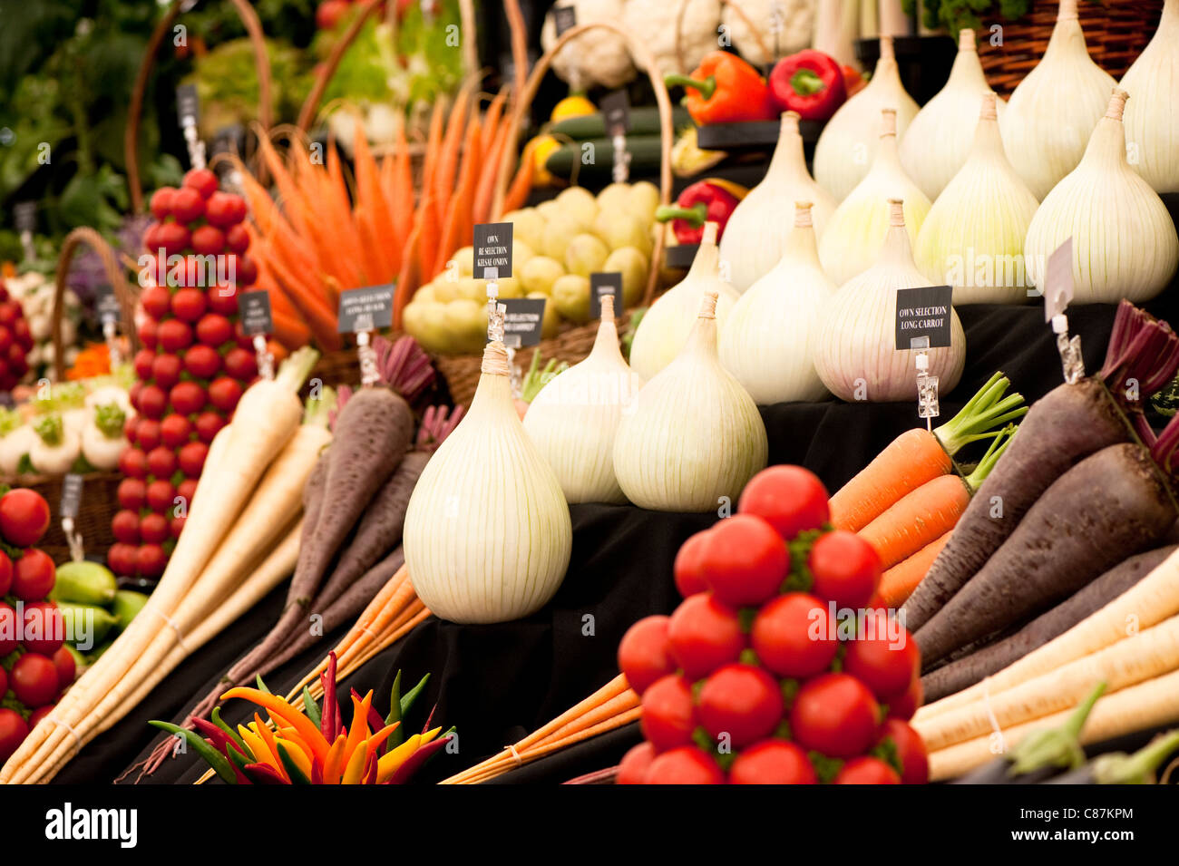 Stand displaying different varieties of vegetable at 2011 RHS Flower Show Tatton Park Stock Photo