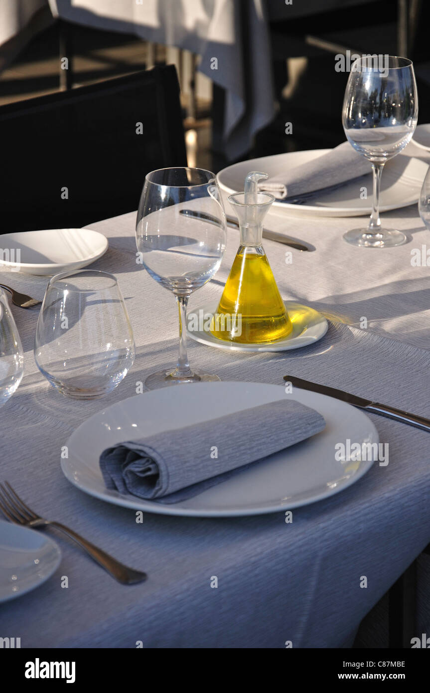 Table setting at promenade restaurant, Cambrils, Costa Daurada ...