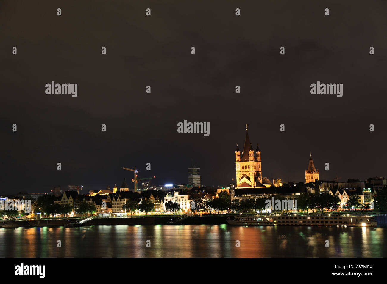 Blick auf die Kölner Altstadt bei Nacht, View of historic Cologne at Night, Germany,Deutschland Stock Photo