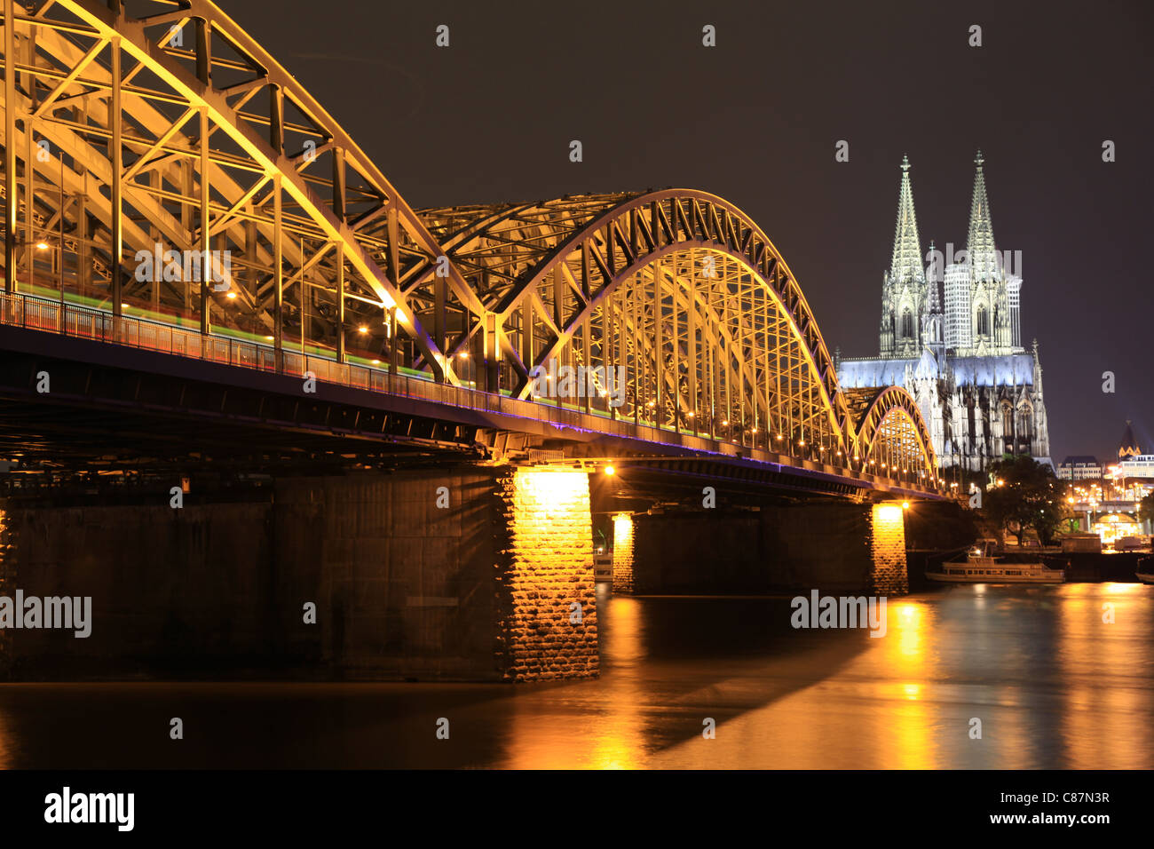 Hohenzollernbrücke in Köln bei Nacht, Love Bridge in Cologne at night, Germany, Deutschland Stock Photo