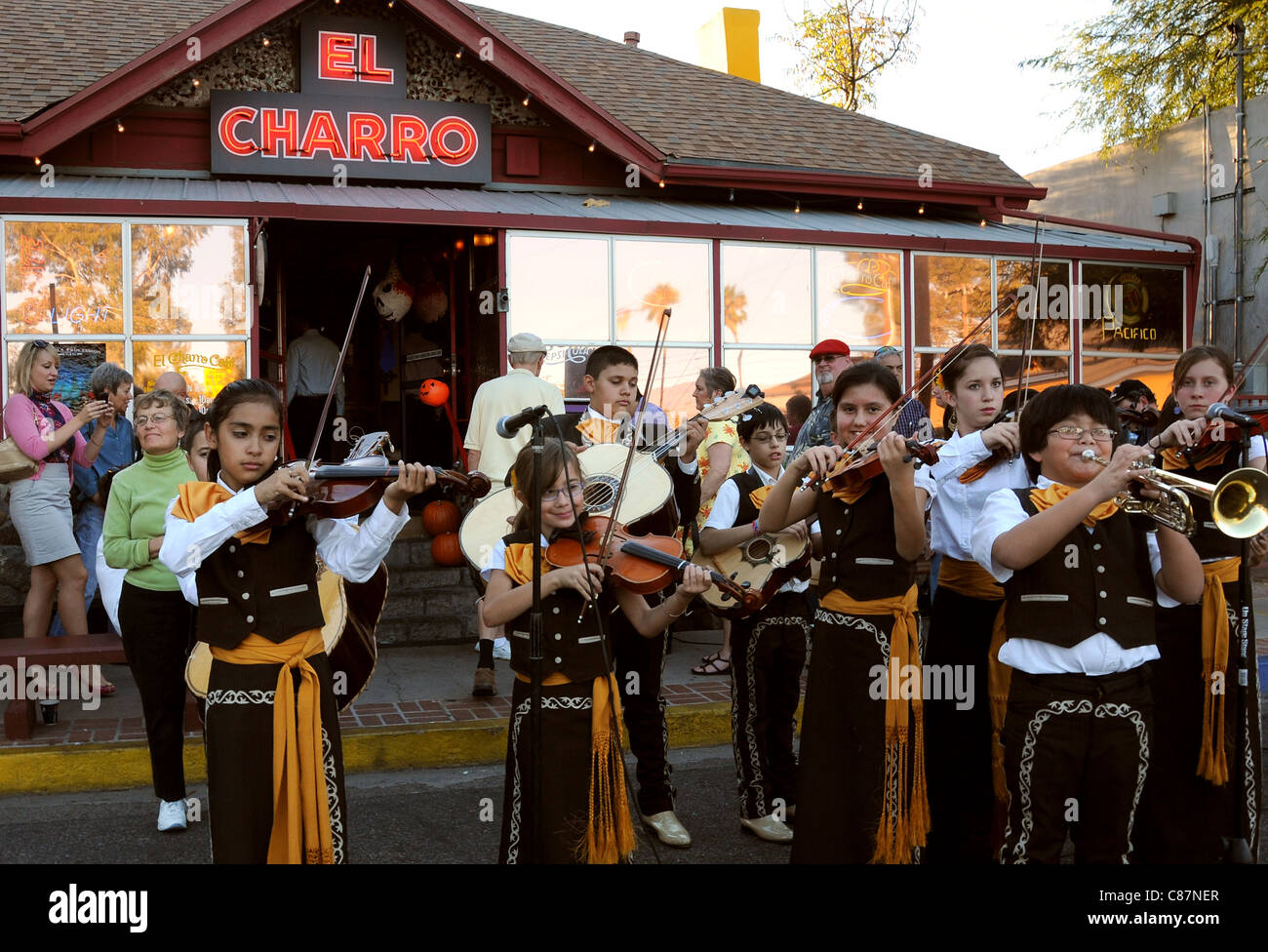 Mariachi Corazon de Tucson perform at El Charro Cafe in downtown Tucson, Arizona, USA. Stock Photo