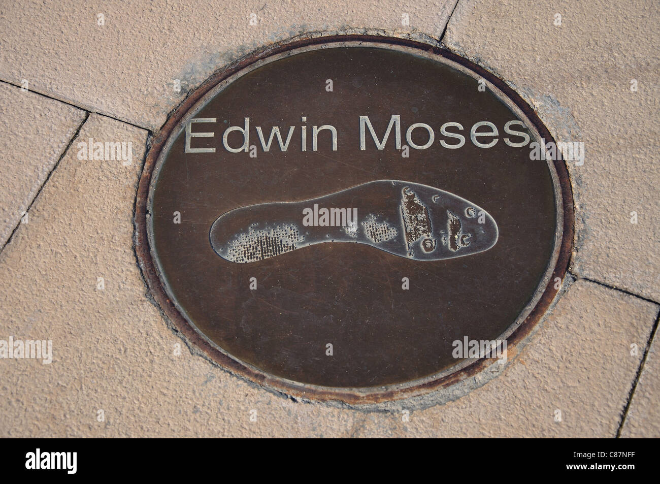 Edwin Moses plaque, Estadi Olímpic de Montjuïc (Olympic Stadium), Montjuïc, Barcelona, Province of Barcelona, Catalonia, Spain Stock Photo