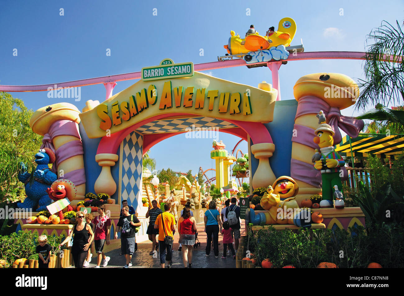 SésamoAventura entrance, PortAventura Theme Park, Salou, Costa Daurada, Province of Tarragona, Catalonia, Spain Stock Photo