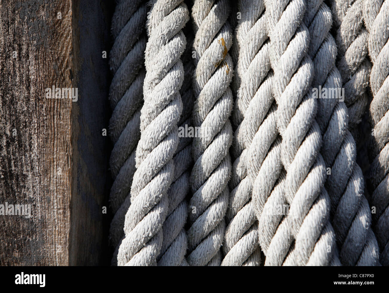 Coiled ship's rope in the Salem Maritime National Historic site, Salem, Massachusetts Stock Photo
