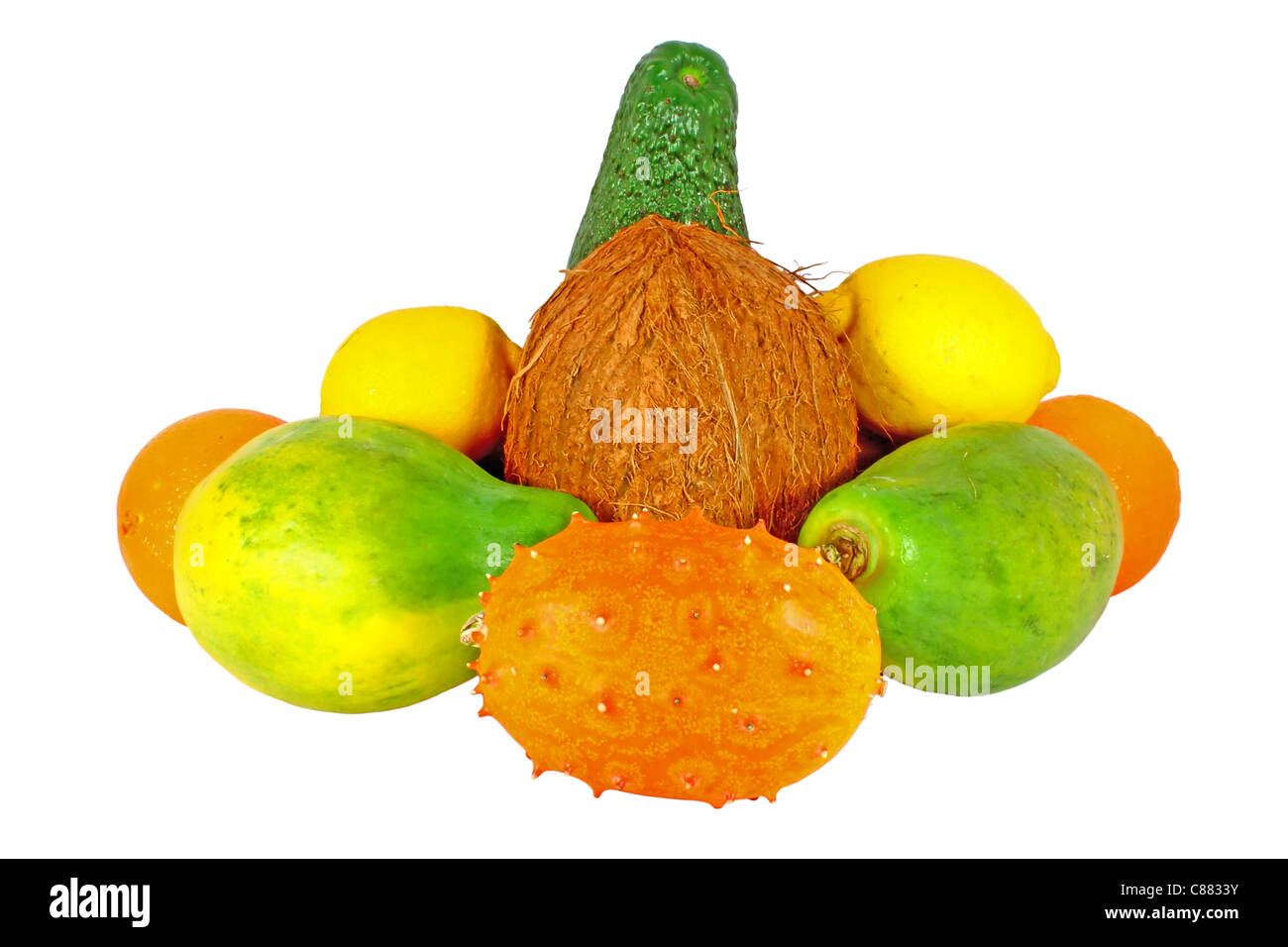 Mix of tropical fruit, isolated on white Stock Photo