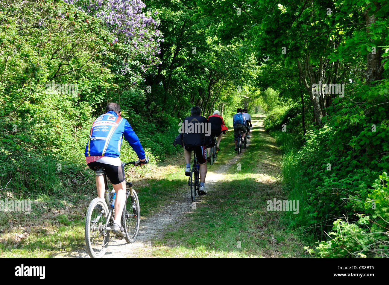 Cyclists on the Voie Verte, green way Domfront to Flers (Orne, Normandy, France). Stock Photo