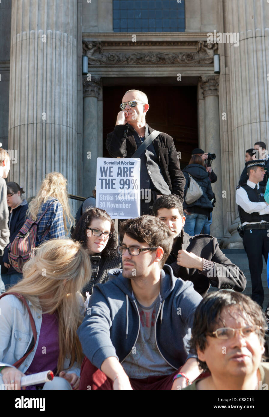 London 15 November, demonstration against spending cuts on the steps of St Paul's Cathedral Stock Photo