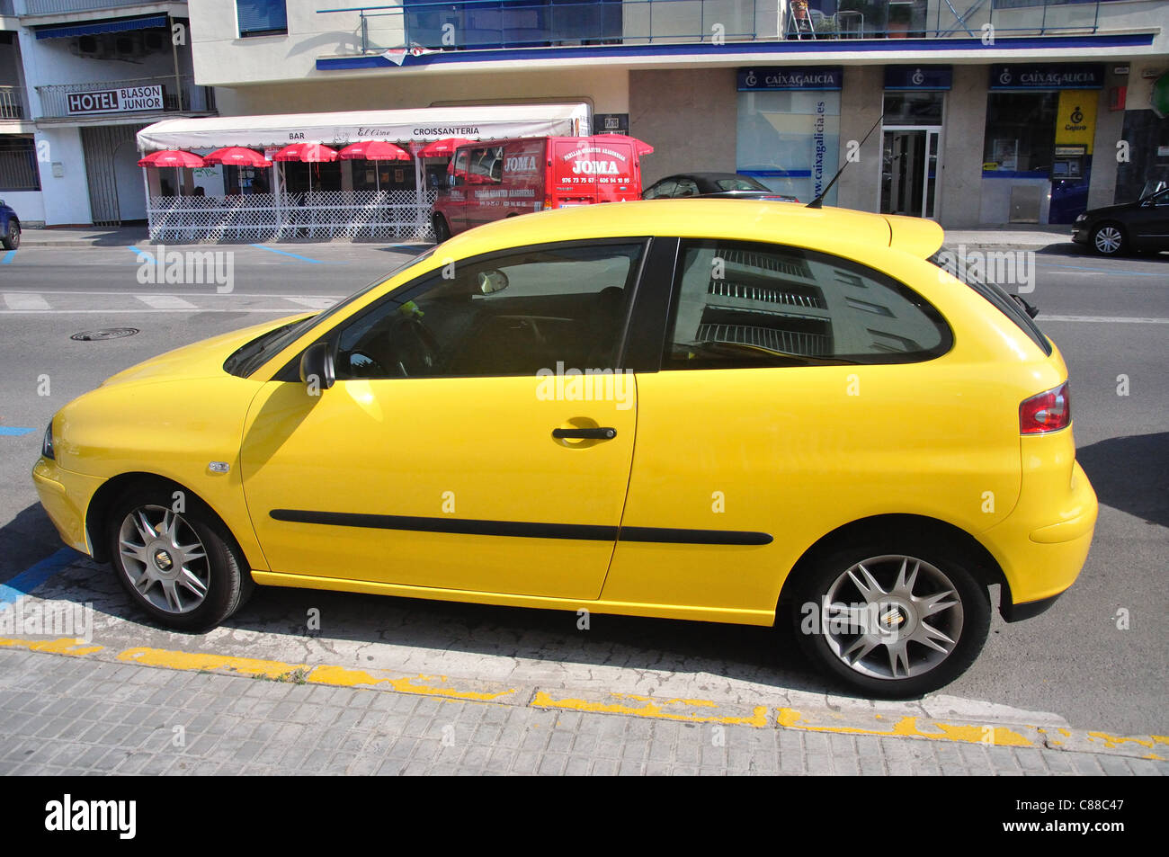 Yellow Seat Ibiza car, Peníscola, Costa del Azahar, Province of Castellón, Valencian Community, Spain Stock Photo