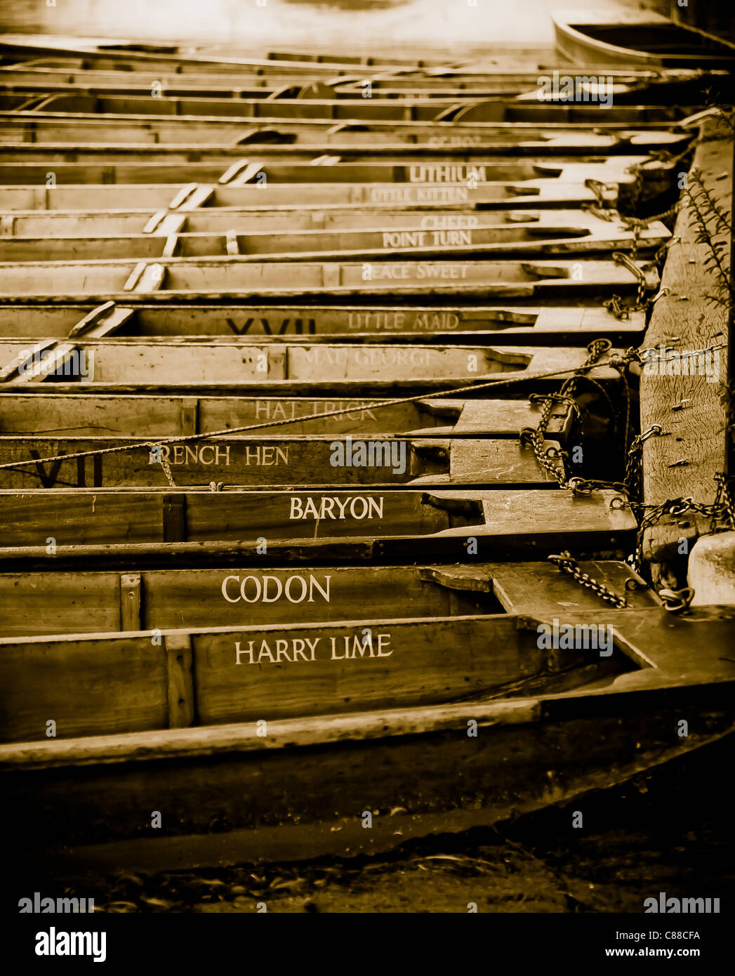Punts lined up on a misty morning in Cambridge on the River Cam Stock Photo