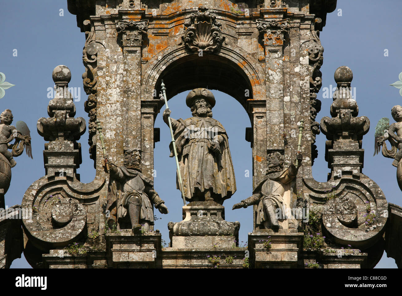 Statue of Saint James at the Obradorio facade of the Cathedral of Santiago de Compostela in Galicia, Spain. Stock Photo