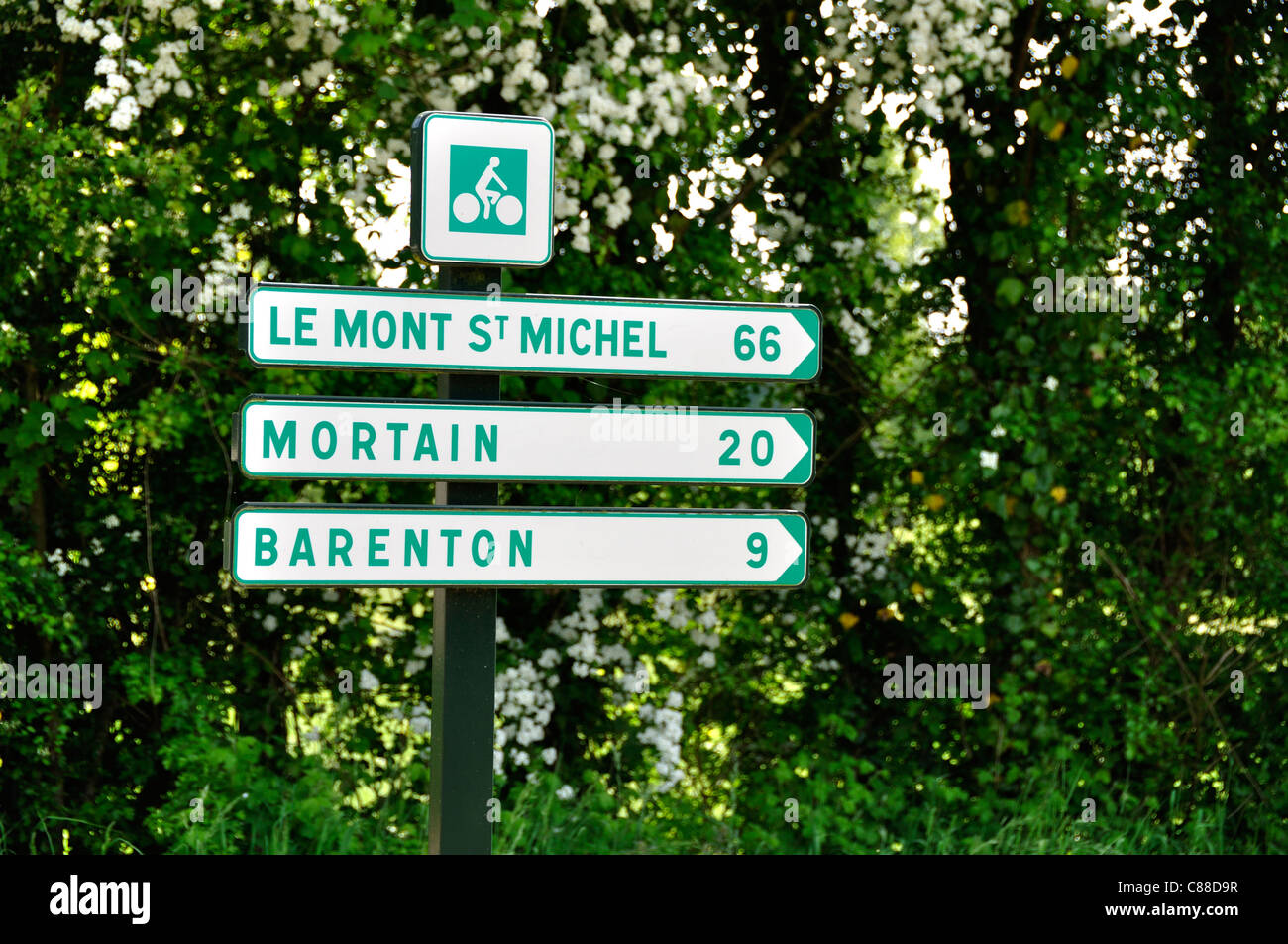 Road sign, green way : la voie verte, betwen Domfront and Barenton (Manche, Normandy, France). Stock Photo