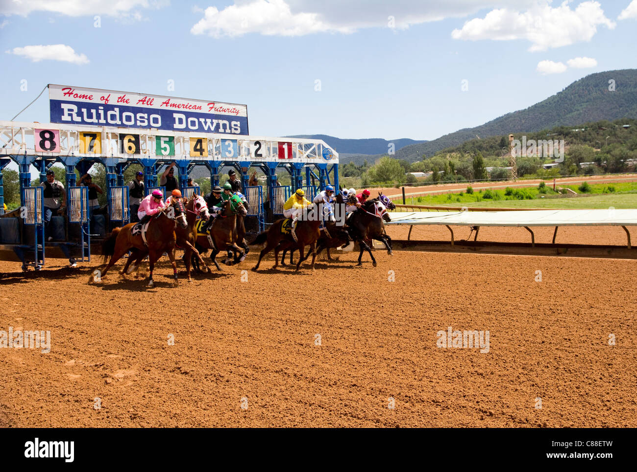 Starting gate, Quarter horse racing, All American Futurity, Labor Day, Ruidoso Downs, NM Stock Photo