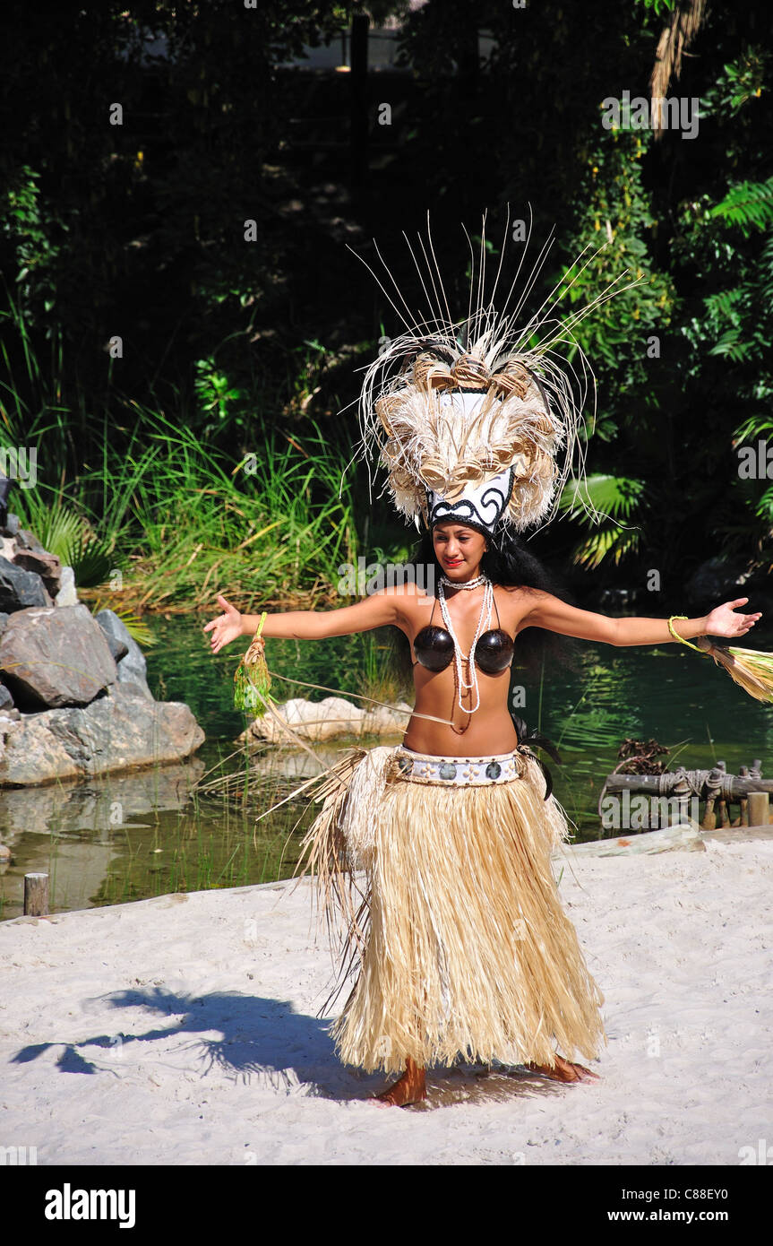 Tahitian dancer at Polynesian Show, PortAventura Theme Park, Salou, Costa Daurada, Province of Tarragona, Catalonia, Spain Stock Photo
