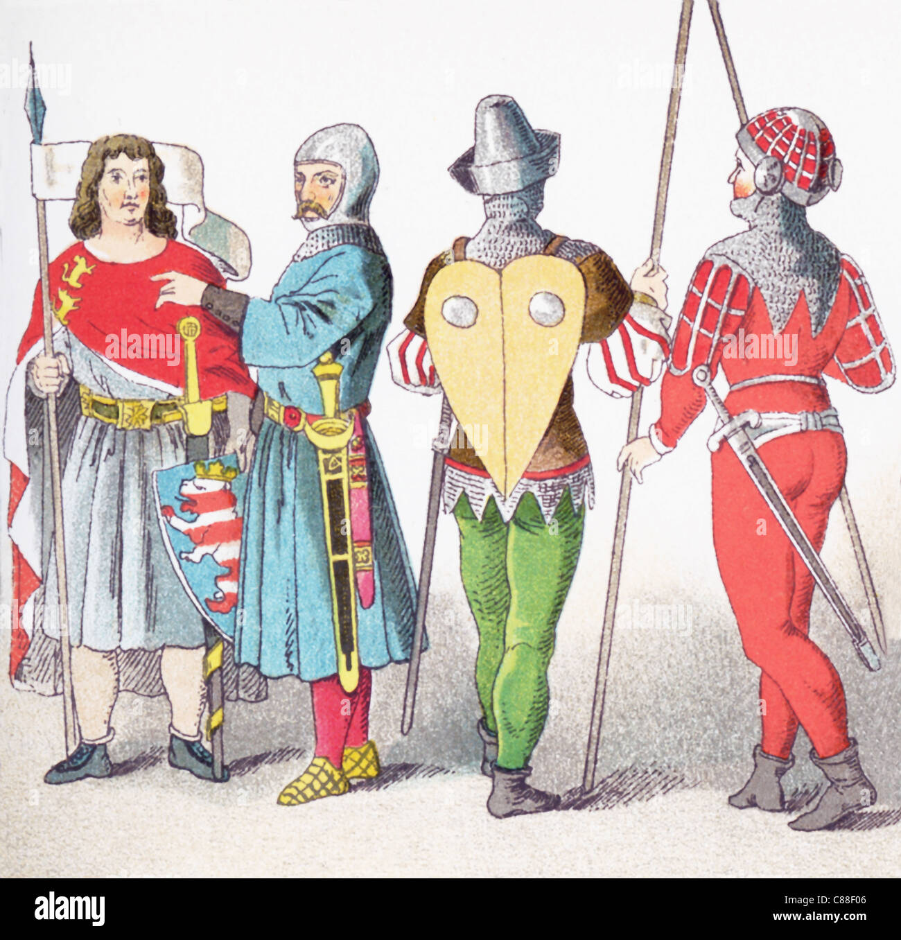 The figures are Germans from A.D. 1350 to 1400: (from left to right) Count of Thuringen, knight in battle costume, two soldiers. Stock Photo