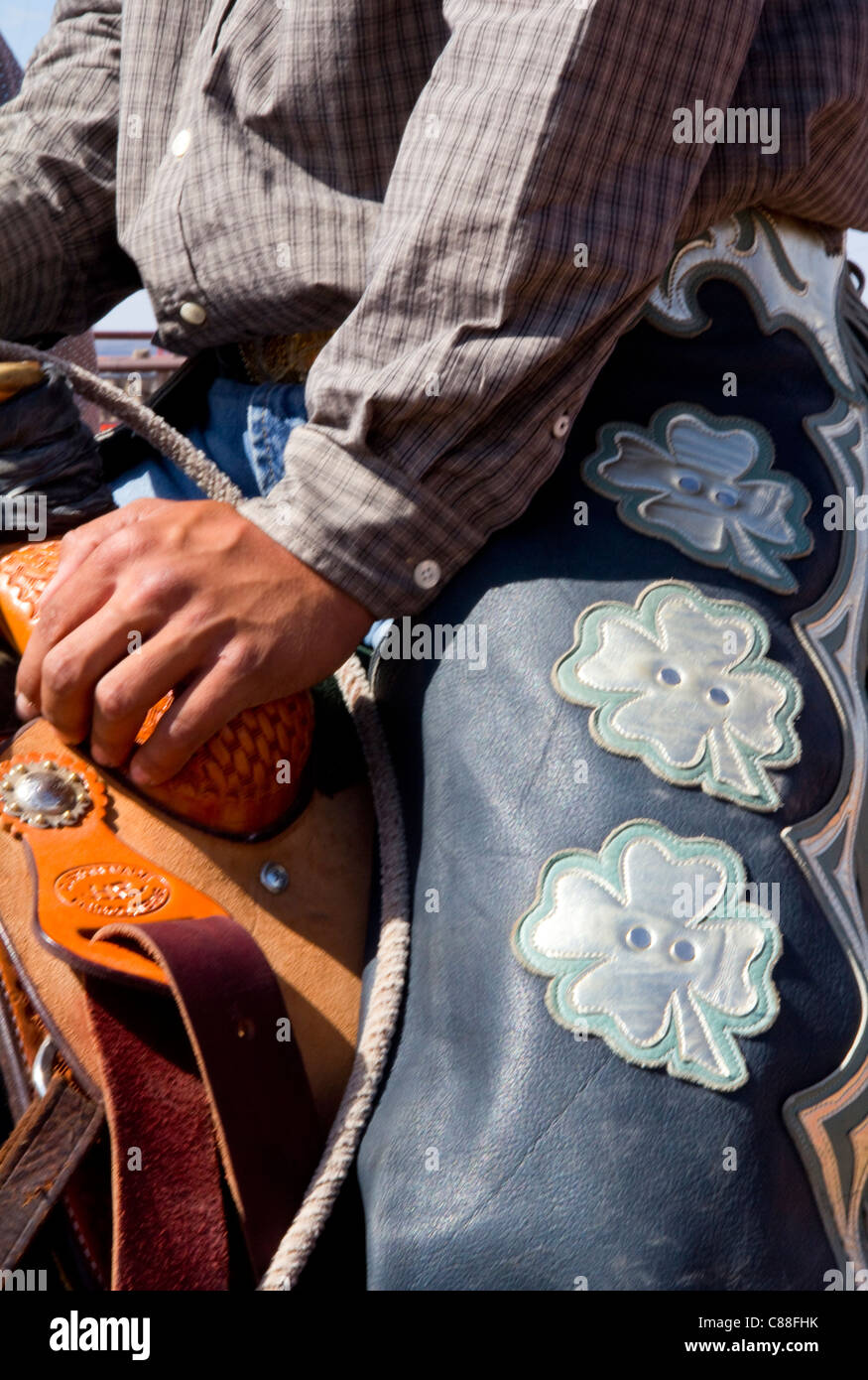 Cowboy close-up at the annual Labor Day weekend Carrizozo Cowboy Days rodeo, Carrizozo, NM. Stock Photo