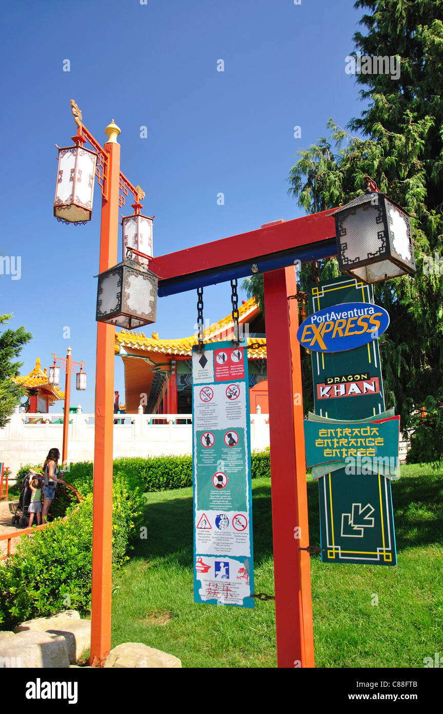 Dragon Khan rollercoaster sign, China, PortAventura Theme Park, Salou, Costa Daurada, Province of Tarragona, Catalonia, Spain Stock Photo