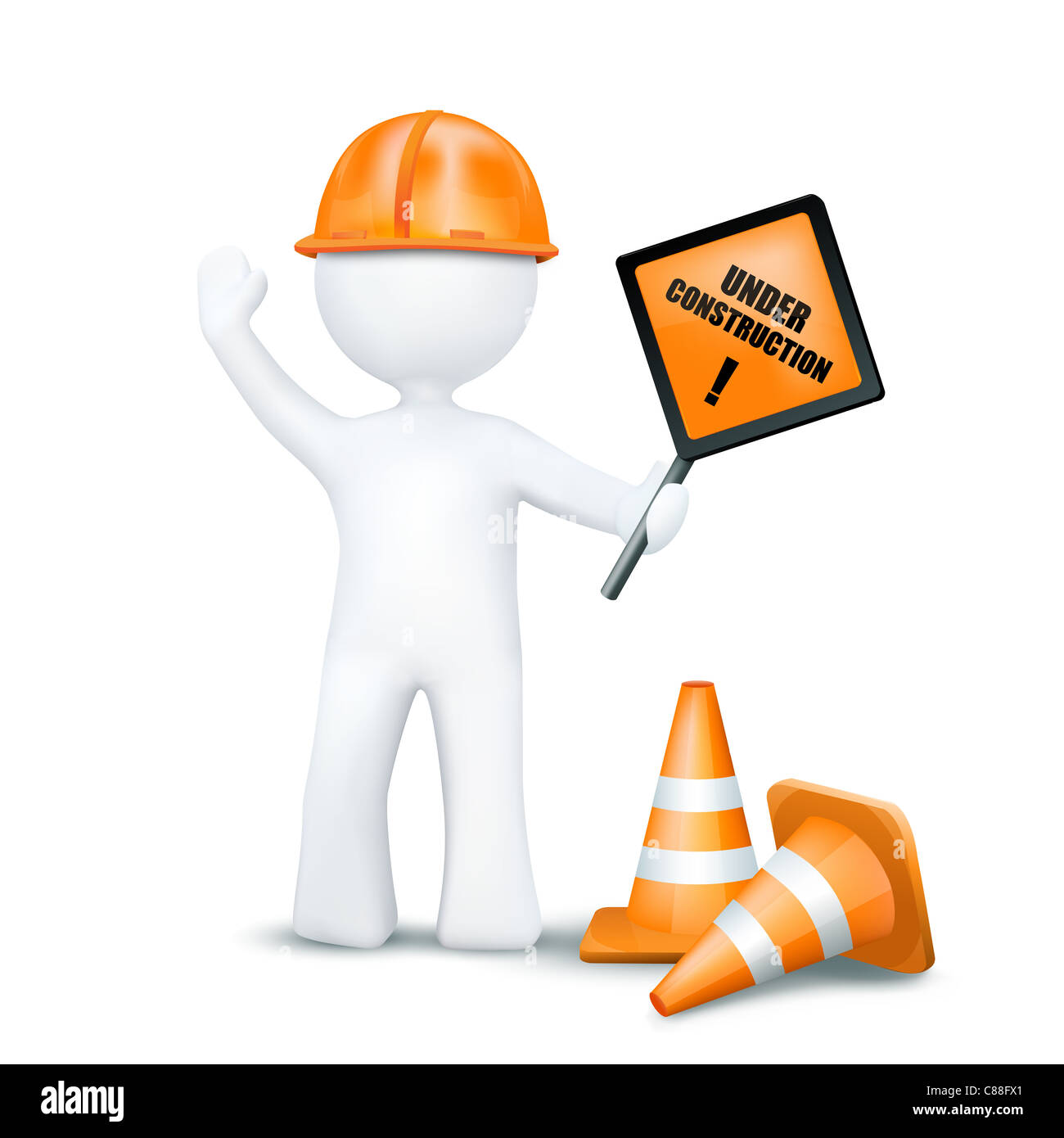 illustration of 3d character with under construction elements on an isolated white background Stock Photo