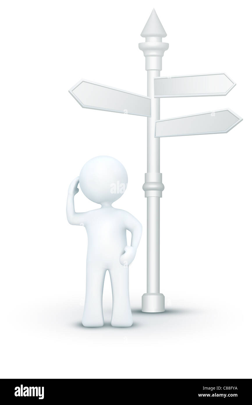 illustration of confused 3d character standing under direction board on an isolated white background Stock Photo