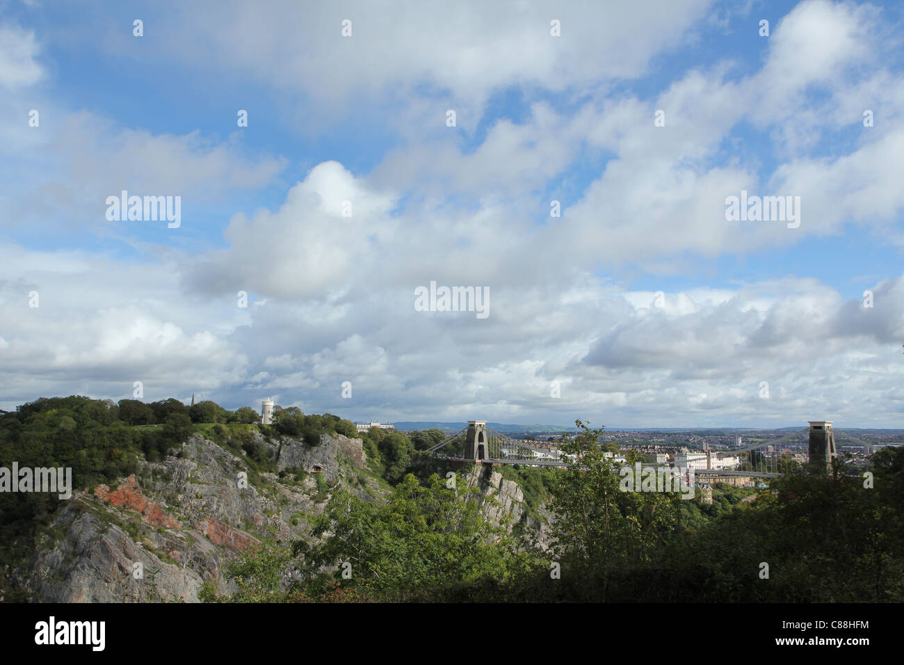 Clifton Suspension Bridge, Avon Gorge, Camera Obscura, Durham Downs viewed from Leigh Woods, Bristol, England, UK Stock Photo
