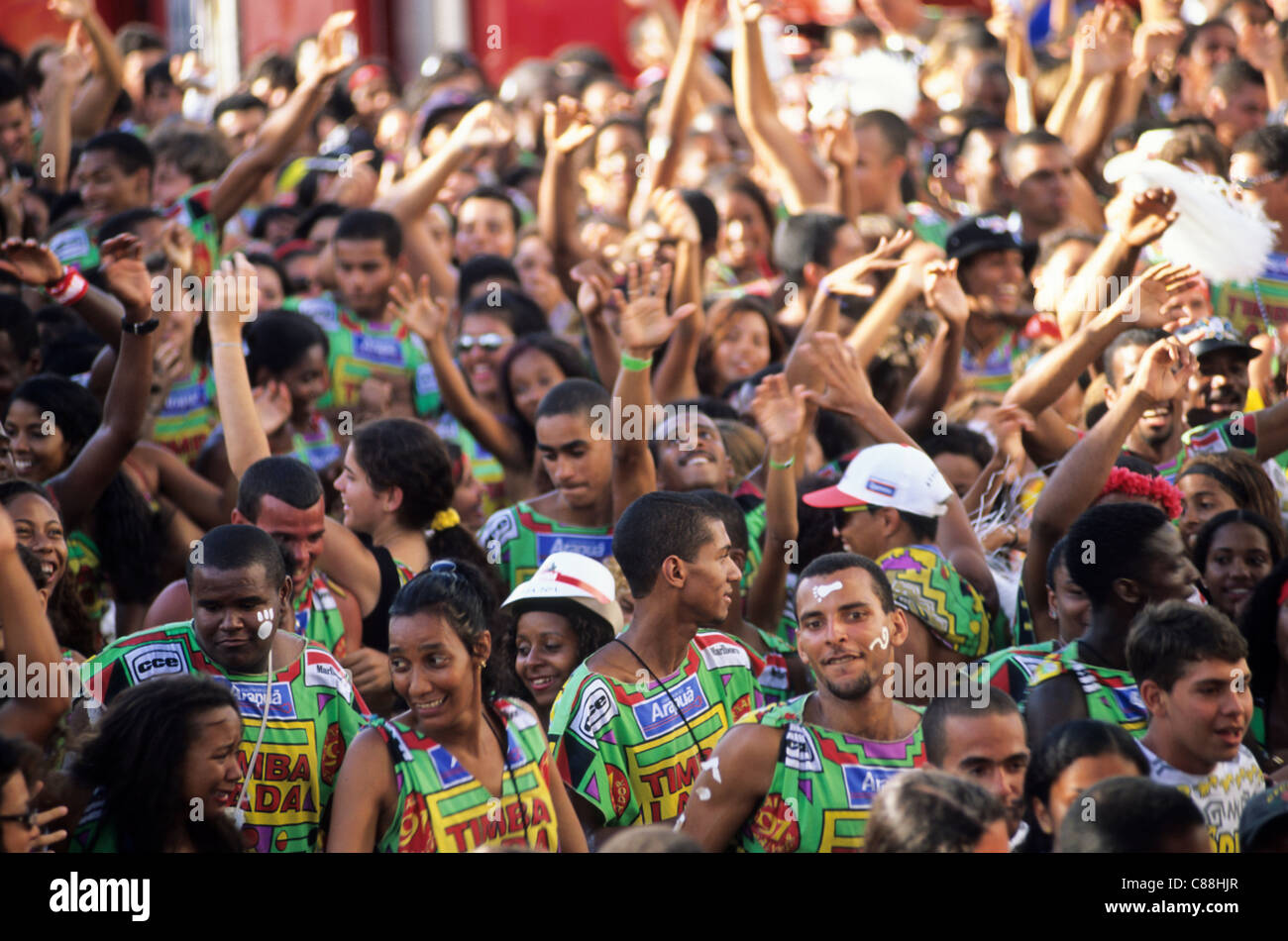 Salvador, Brazil. Bloco Timbalada carnival parade block; people in colourful costumes. Stock Photo