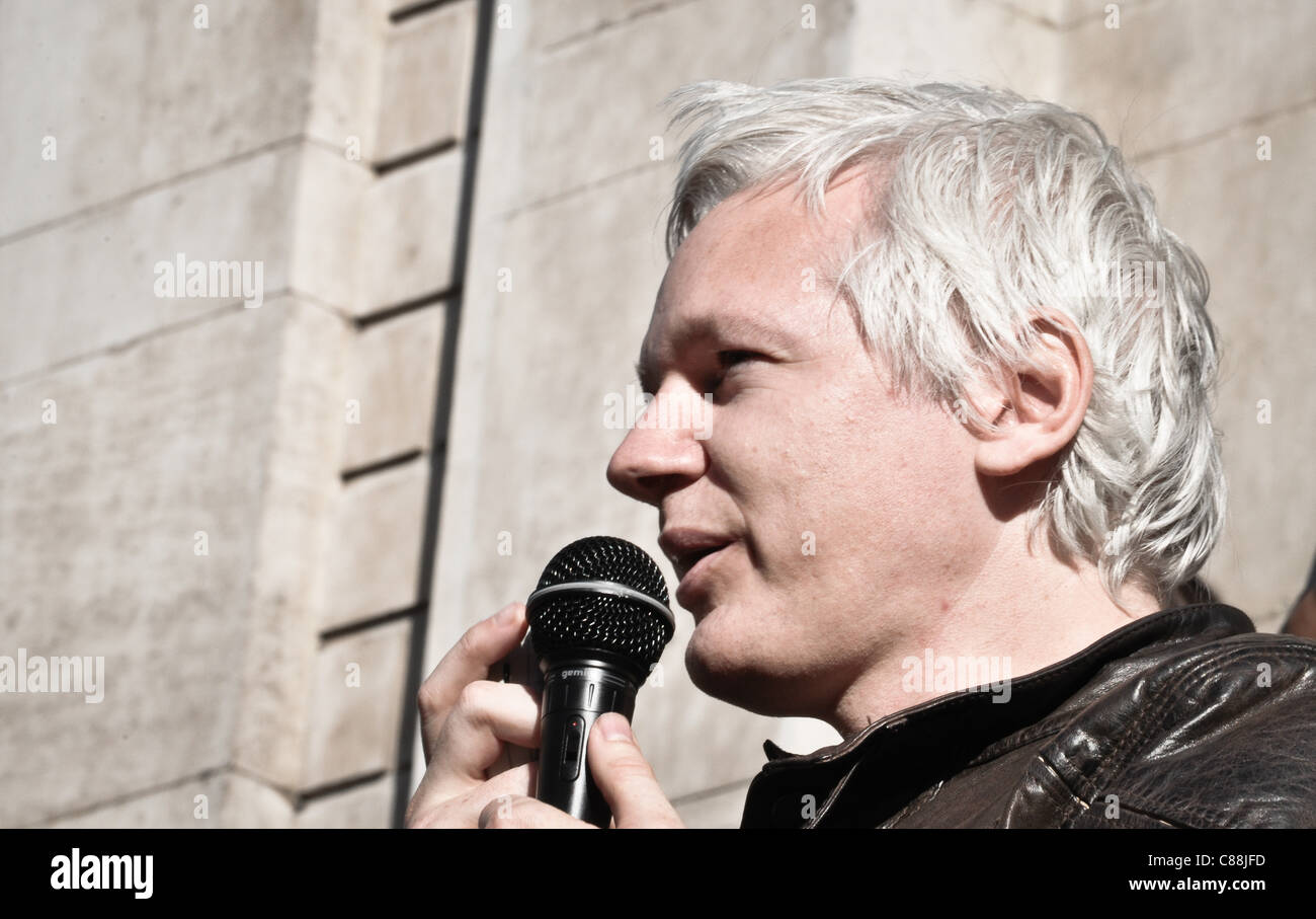 Julian Assange addresses General assembly at Occupy London demonstration around St. Paul's on the 15th Oct 11. The protest was inspired by similar actions in Spain and Wall Street, at least 80 major cities saw protests on the same day. Stock Photo