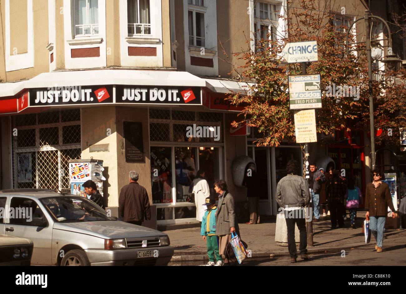 Sofia, People on the street; "Just do it" sign on a NIKE shop Stock Photo - Alamy