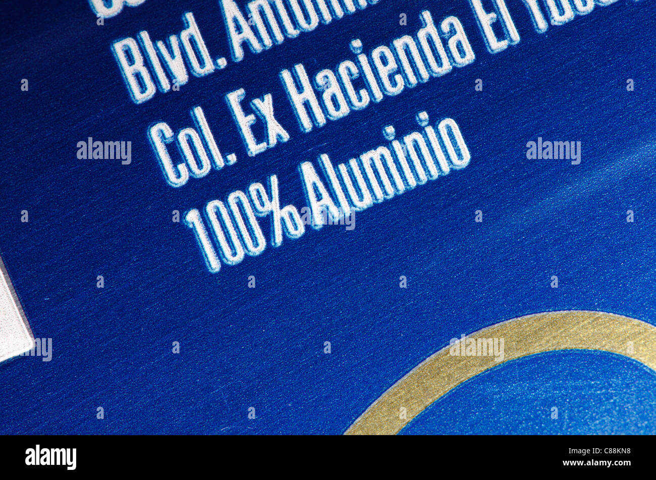 100% Aluminum label 100% Alumino - 100% Aluminum - label on a can of Montejo beer. Stock Photo
