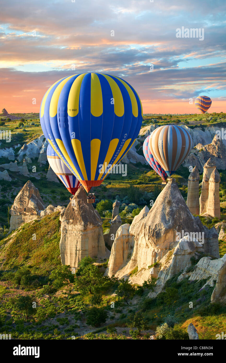 Hot Air Baloons over the Love Valley at sunrise , Cappadocia Turkey Stock Photo