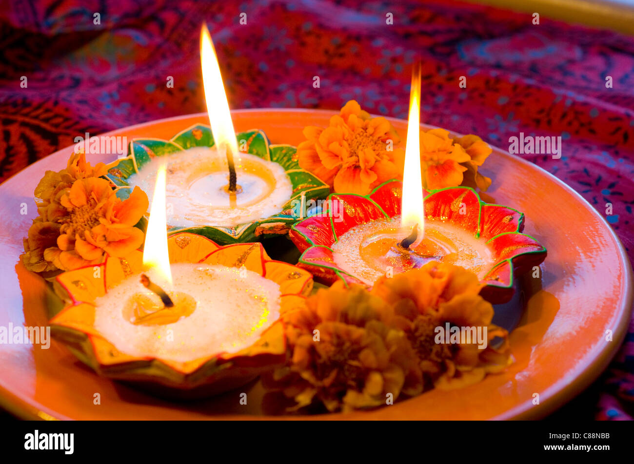 Diwali candles lit for Indian holiday of Diwali, India Stock Photo