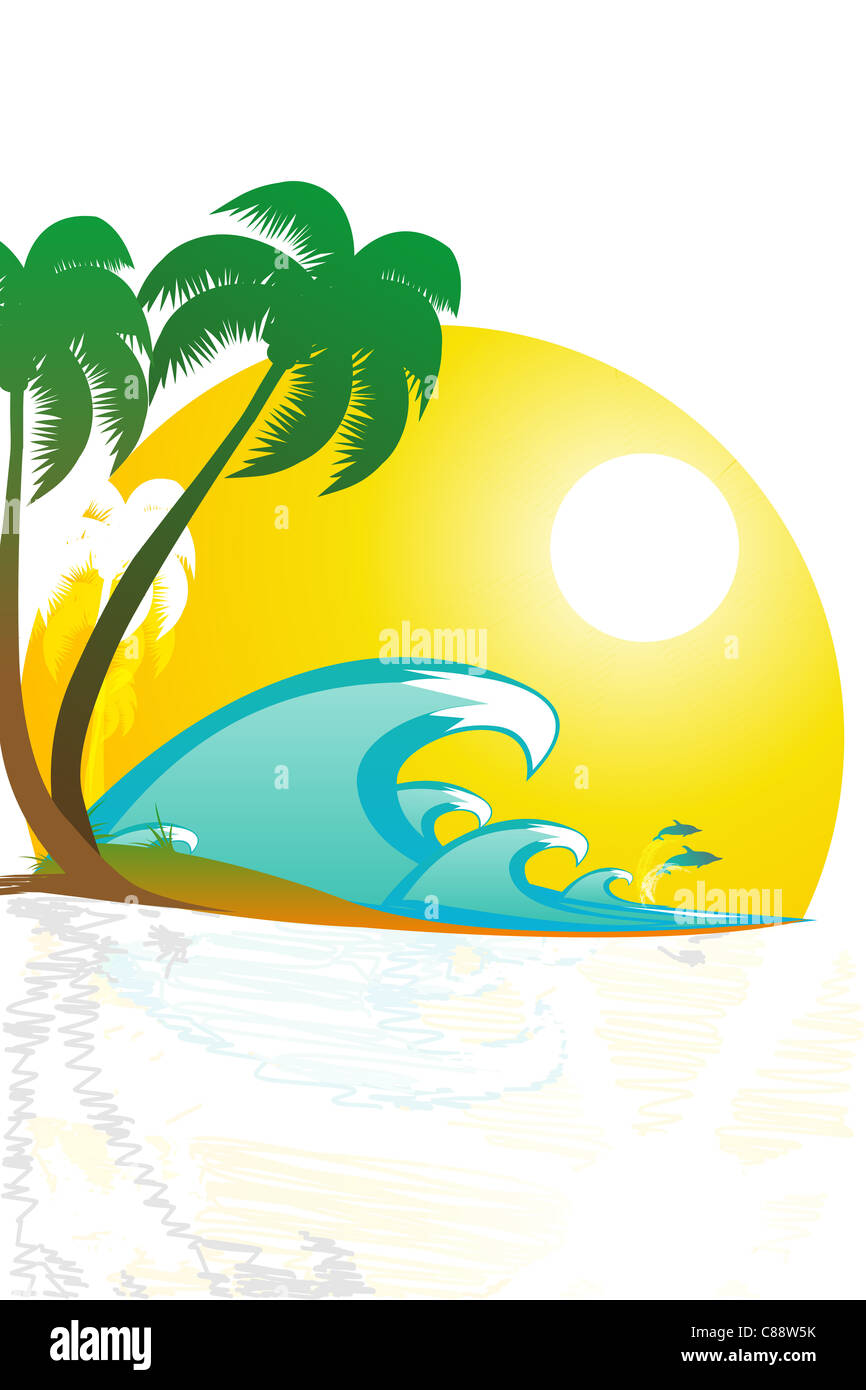 illustration of tropical landscape with beach with palm tree Stock ...