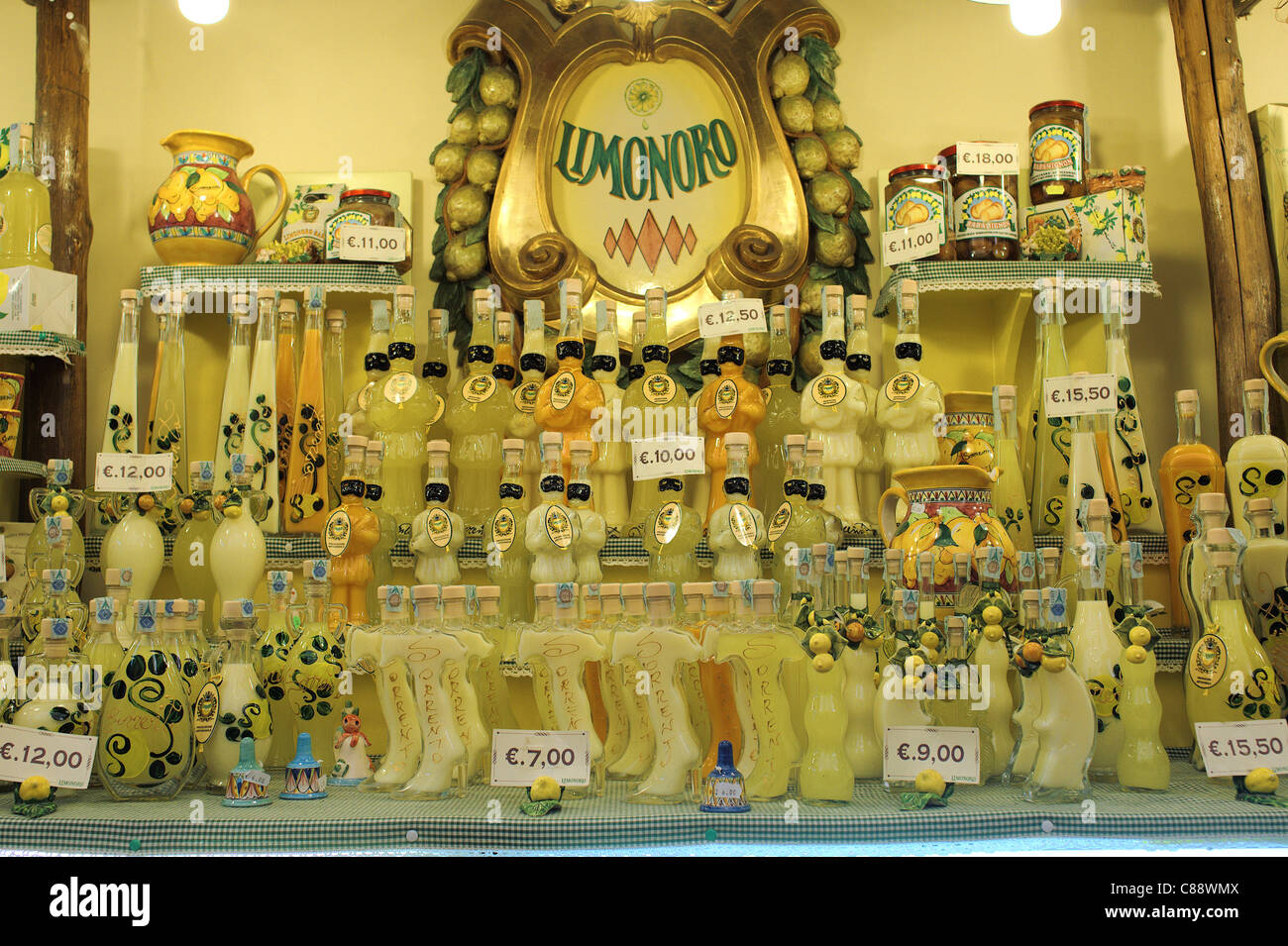 Bottles of Limoncello and arancello liquor in a souvenir shop in