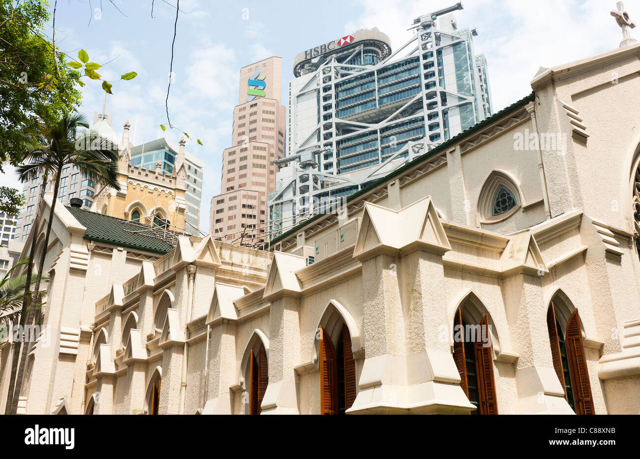 Saint John's Cathedral with HSBC and Standard Chartered Banking Tower Buildings Financial District Hong Kong China Asia Stock Photo