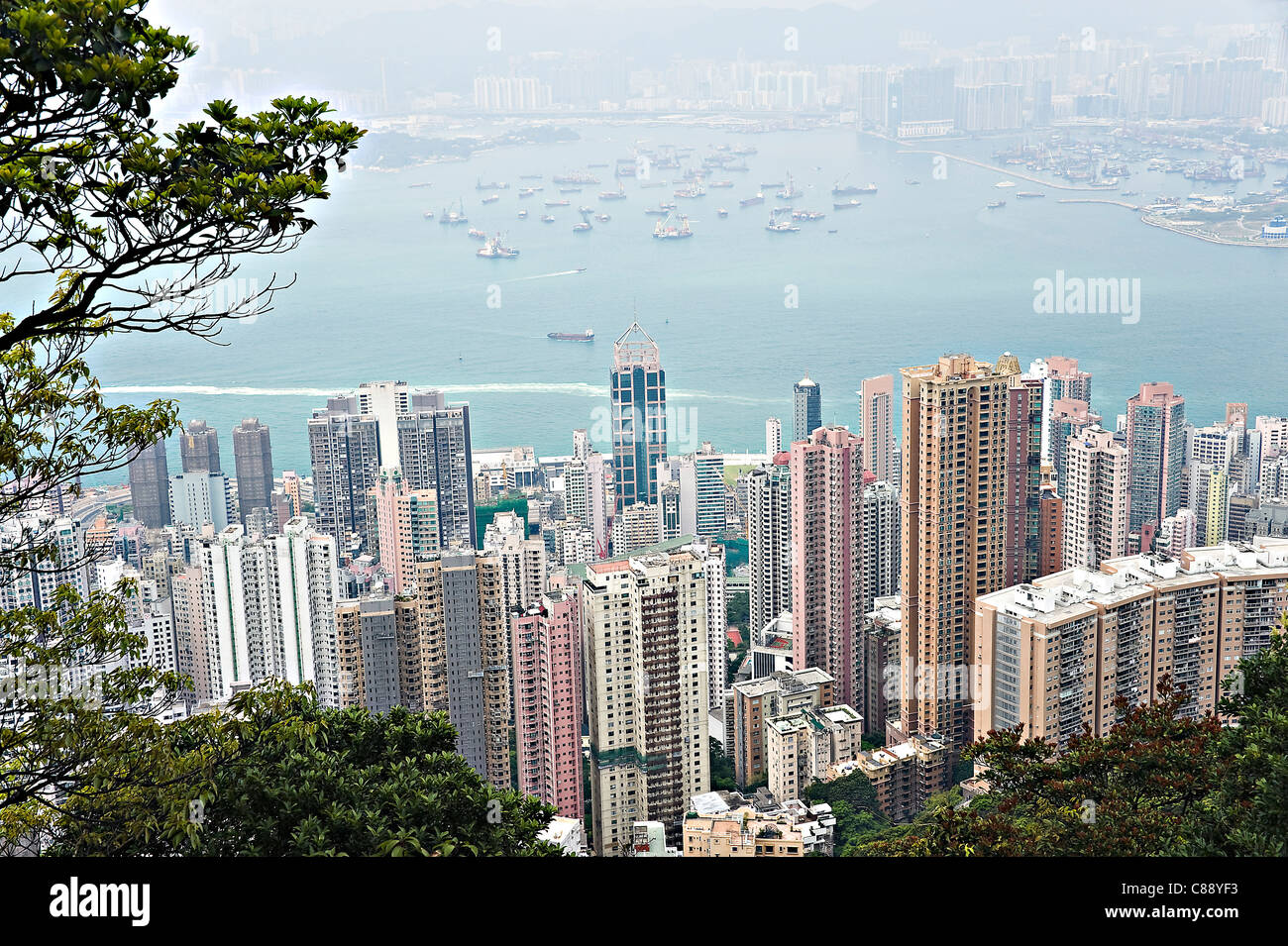 Panoramic View of Hong Kong Island Skyscrapers from Peak Walk and Victoria Peak Garden Hong Kong China Asia Stock Photo