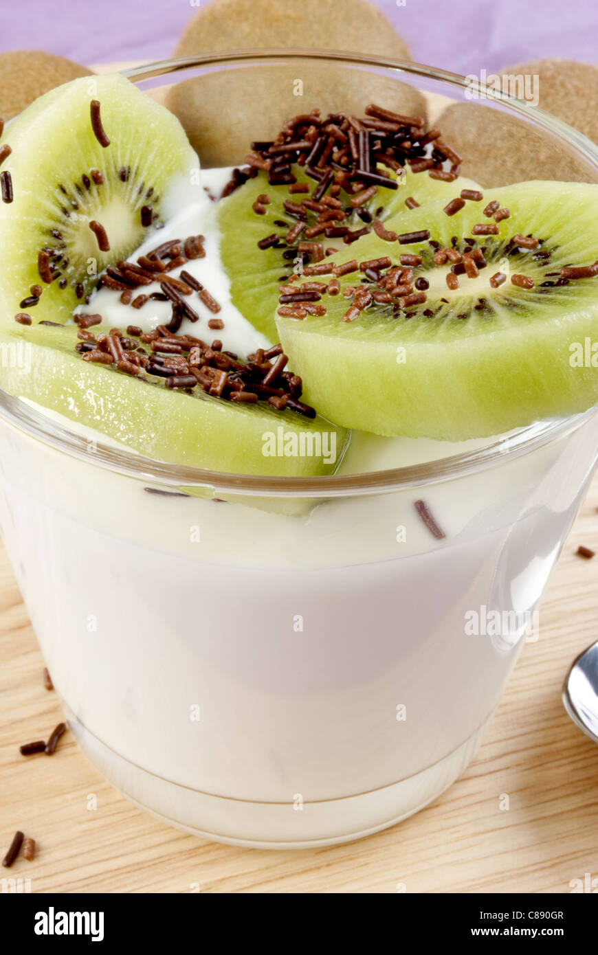 yogurt with fresh sweet kiwi and chocolate sprinkles Stock Photo
