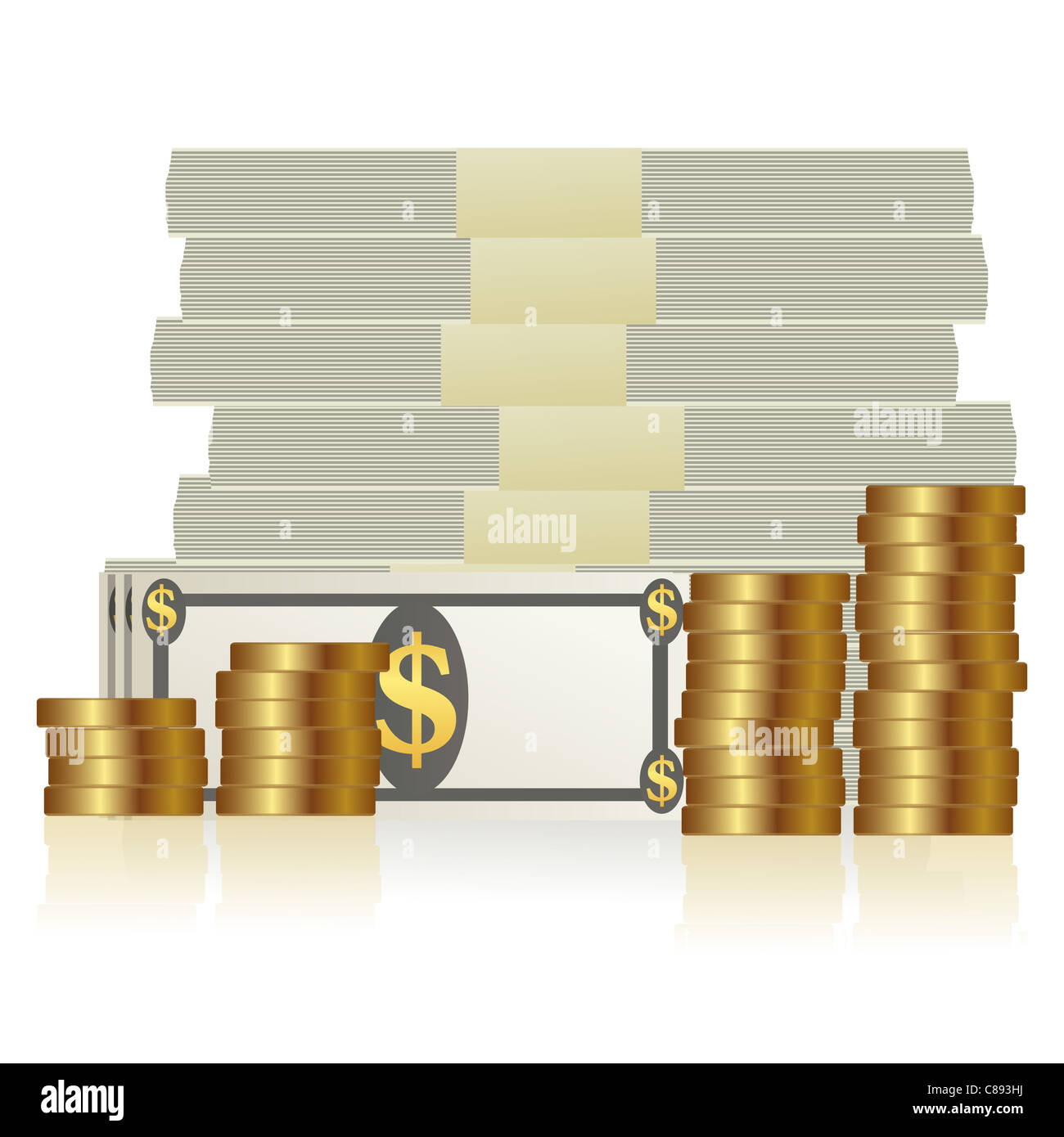 illustration of stack of currency notes and dollar coins on isolated ...