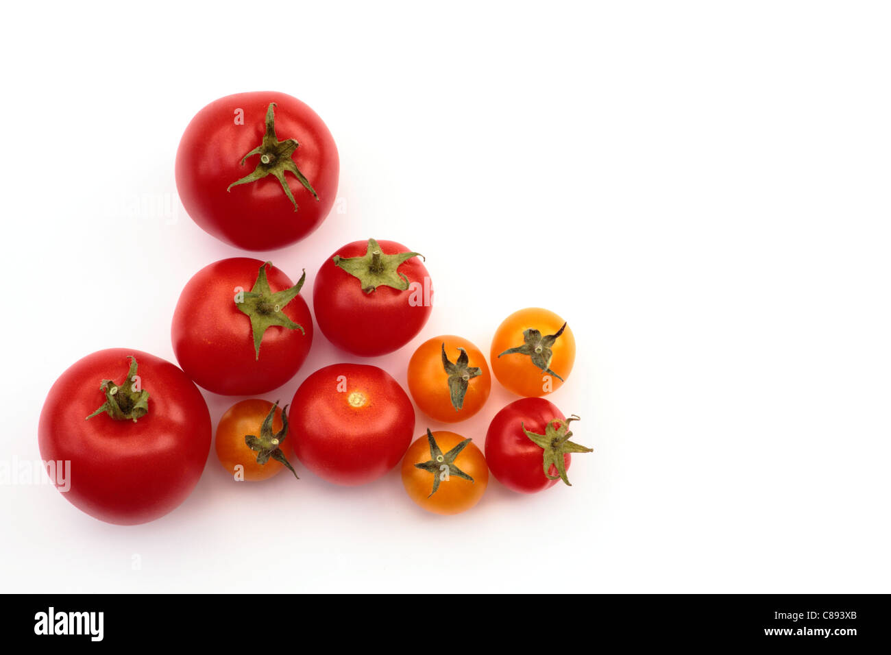 Many yellow and red tomatoes on a white background Stock Photo