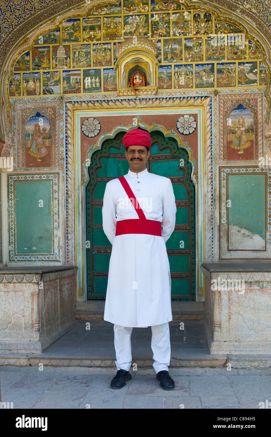 Ceremonial Guard at Samode Haveli luxury hotel, former merchant's house, in Jaipur, Rajasthan, Northern India Stock Photo