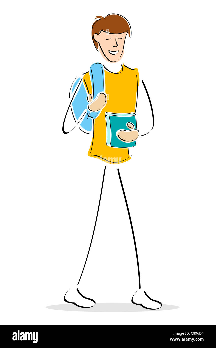 illustration of a school boy holding bag and educational books Stock