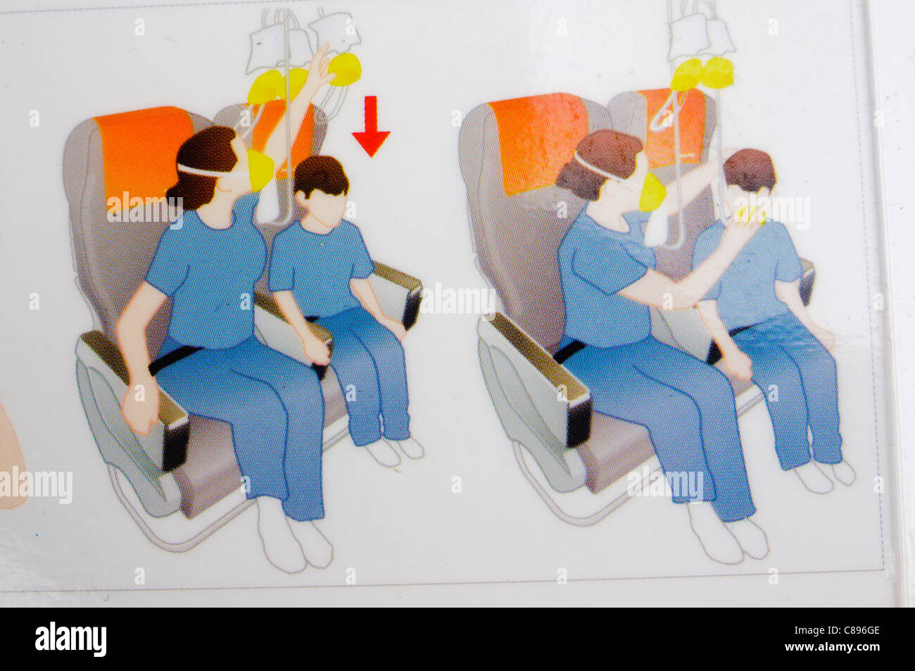 Closeup of an airline safety card showing how to use the oxygen Stock Photo