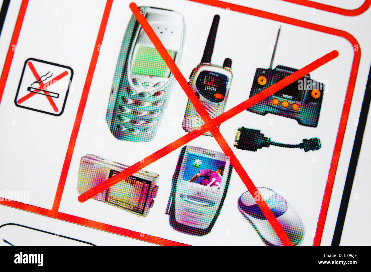 Closeup of an airline safety card showing items banned from use Stock Photo