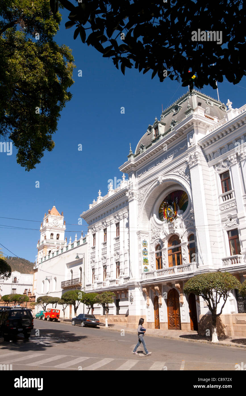 Prefecture of the Department of Chuquisaca and cathedral, main square, Sucre old city, Bolivia (UNESCO world heritage) Stock Photo
