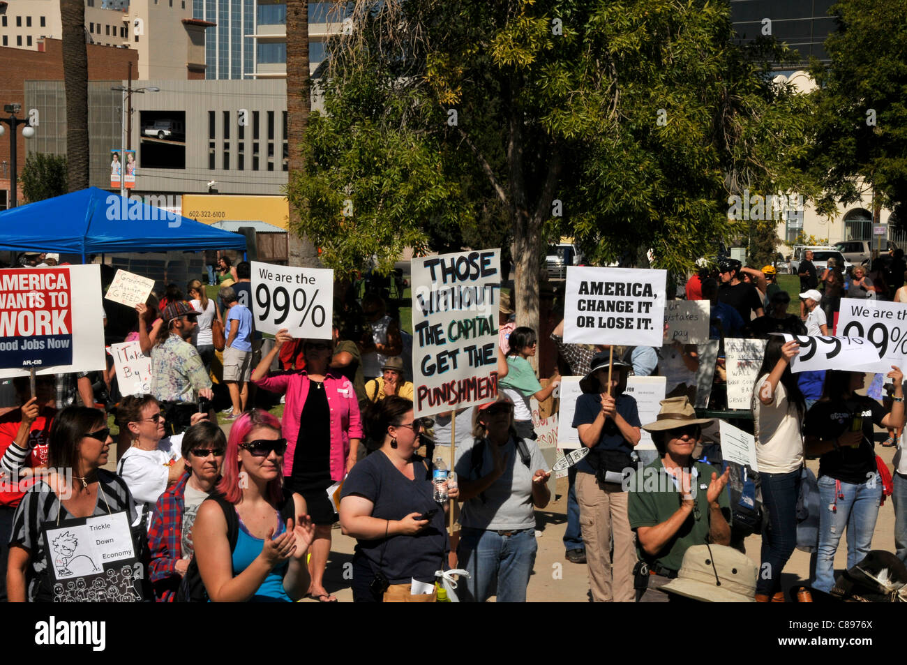 About 1,000 demonstrators participated in Occupy Tucson at Military Plaza in Armory Park, Tucson, Arizona, USA.  The Occupy Tucson organizers created the movement in solidarity with the Occupy Wall Street movement in New York and the Occupy Together movement across the USA. Stock Photo