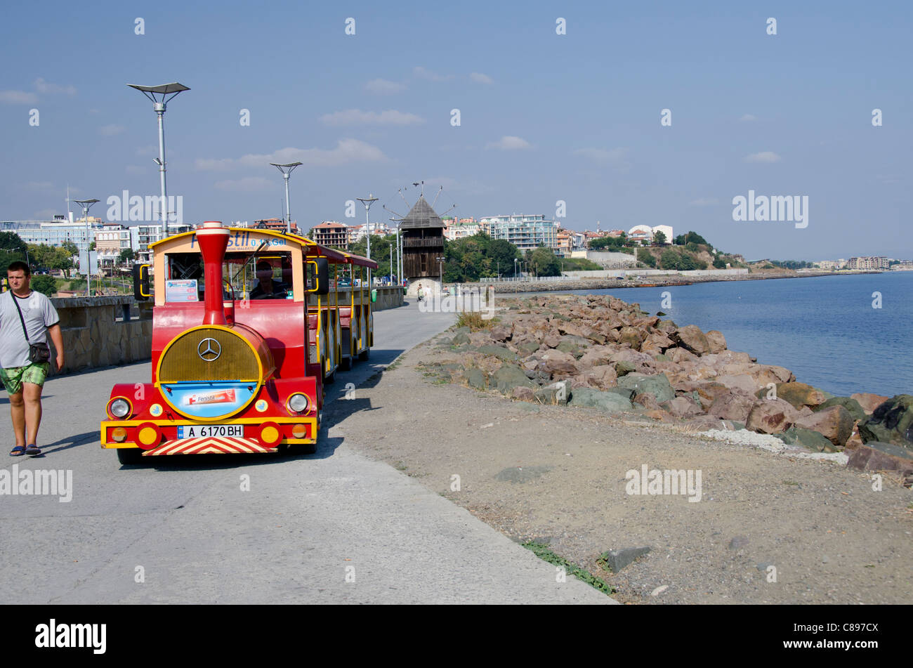 Bulgaria, Nessebur (aka Nessebar or Nesebar). Black Sea waterfront tourist tram. UNESCO World Heritage City. Stock Photo